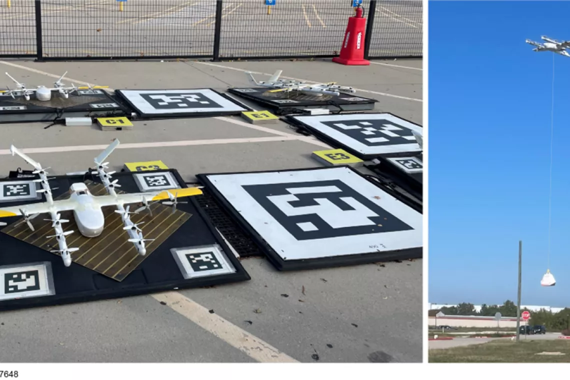 Image on left shows a drone sitting on a launch pad preparing to make a delivery. Image on right shows a drone in flight making a delivery and carrying a bag full of items.