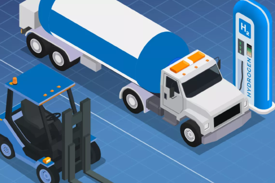 A tanker truck and forklift by a fueling station.