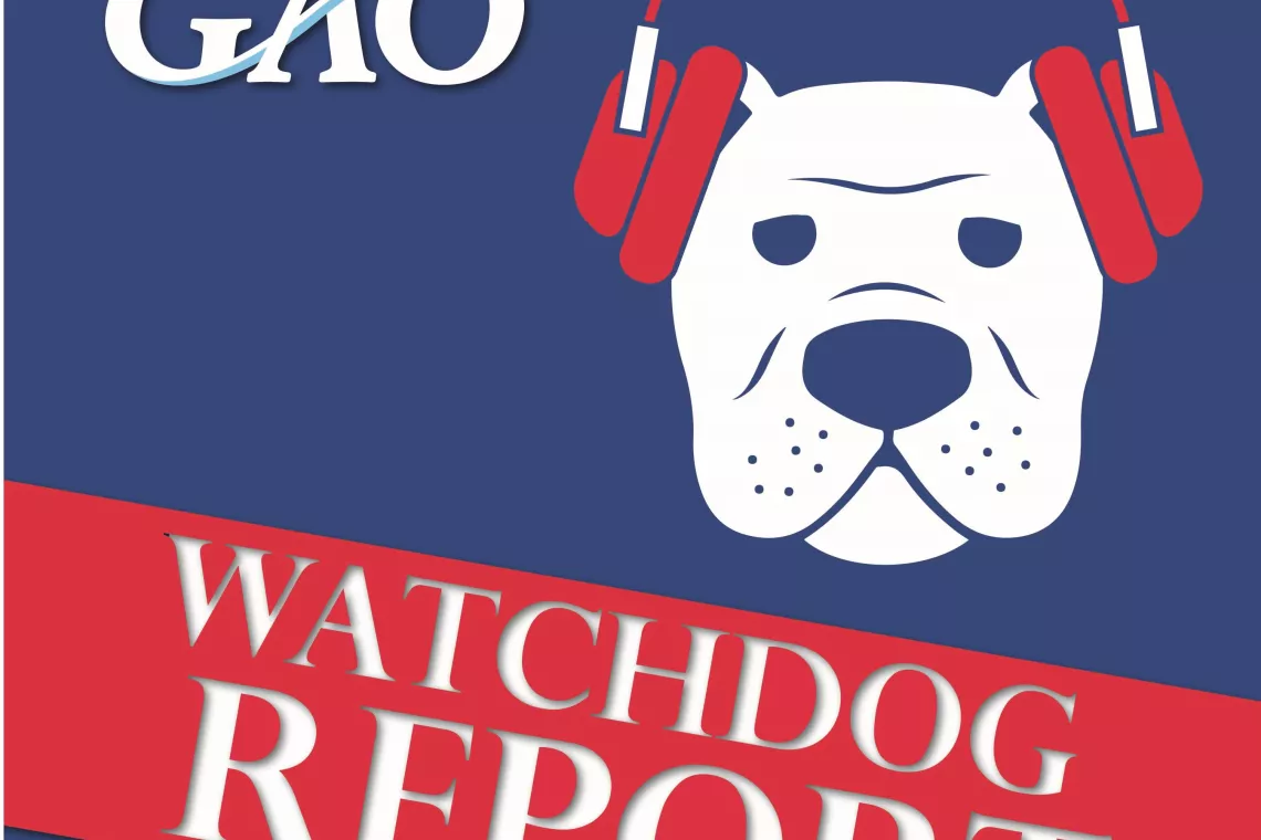 Podcast dog logo with headphones and the text YourGAO and Watchdog Report on either side.