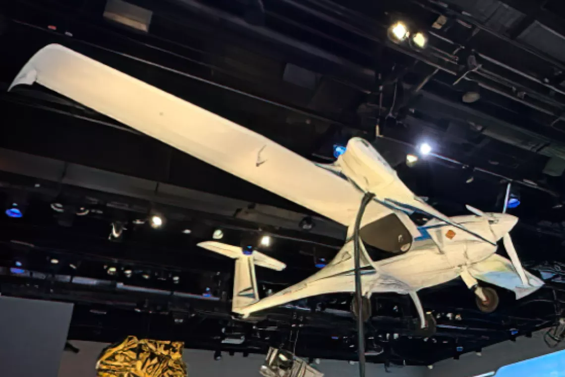 Electric plane prototype hangs from ceiling at Smithsonian Air and Space Museum, Washington, D.C.