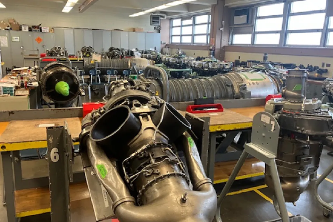 A classroom with plane engines.