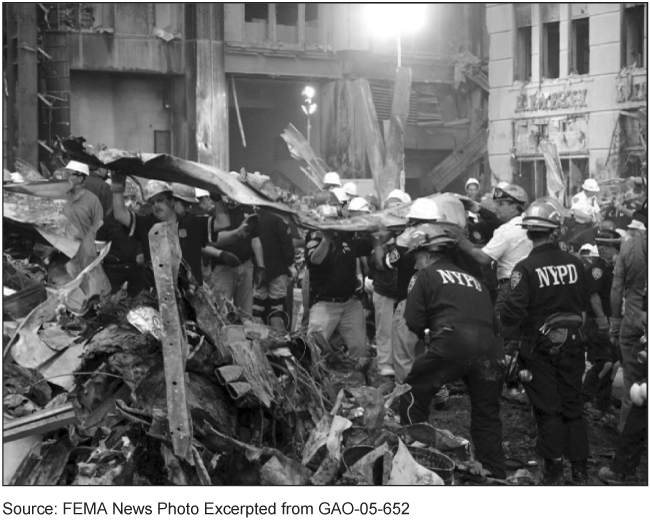 Photograph of NYPD responders at the World Trade Center.